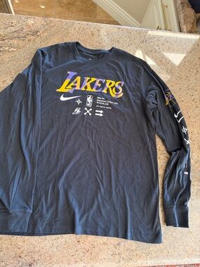 Nike Black Lakers Long Sleeve Logo Tee with Yellow & Purple Print
